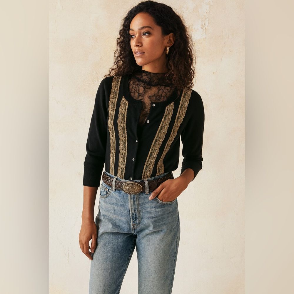 Vintage 90s Tracy Reese NY Black & Gold Lace Dainty Cardigan Sweater Size Small